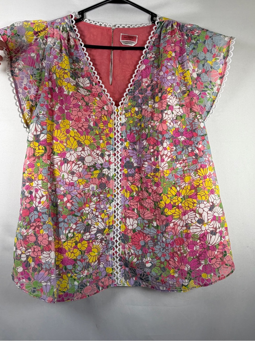 Kate Spade New York Size L Floral Blouse Pink Multicolor Sheer Loop Trim